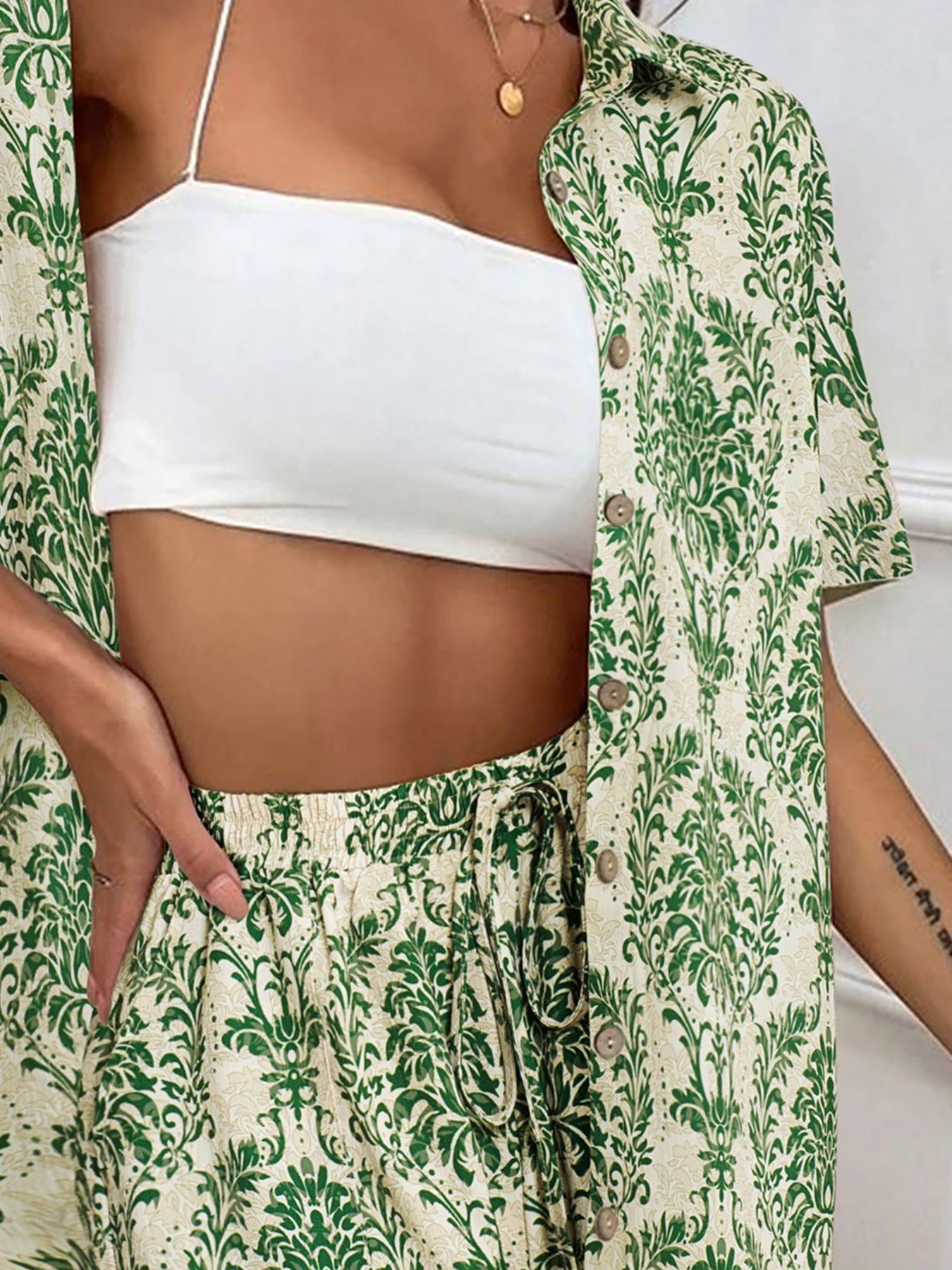 Women's Fashion Shorts Two Pieces Solid Color Shirt Suit