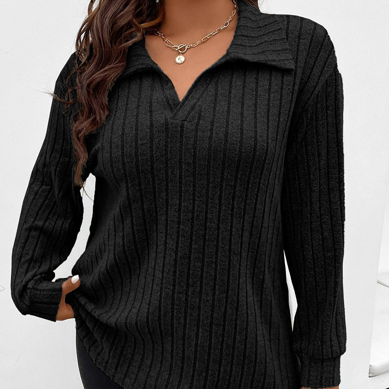 Plus Size Lapel V-Neck Top, Lightweight Long Sleeve Casual Going Out Blouse