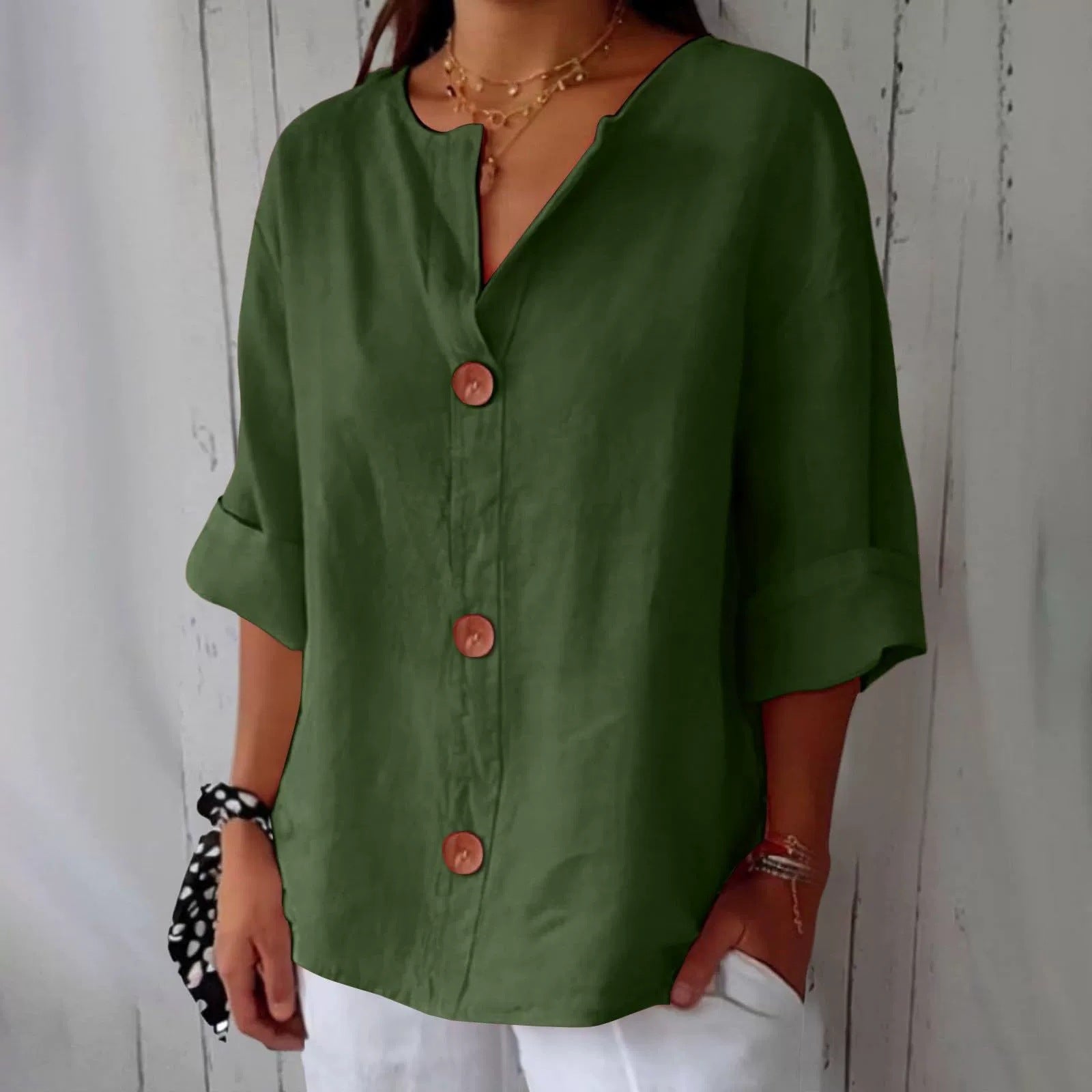 Loose Comfort And Casual V-neck Cotton And Linen Button Top
