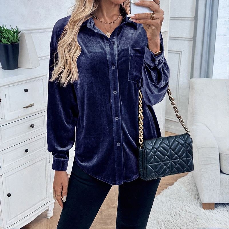 Autumn Cardigan Lapel Velvet Solid Color Long-sleeved Shirt