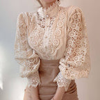 Elegant Women's Vintage Pearl Button Lace Blouse - Puff Sleeve Semi-Sheer Ruffled Stand Collar Shirt Spring&Summer Office & Vacation Top