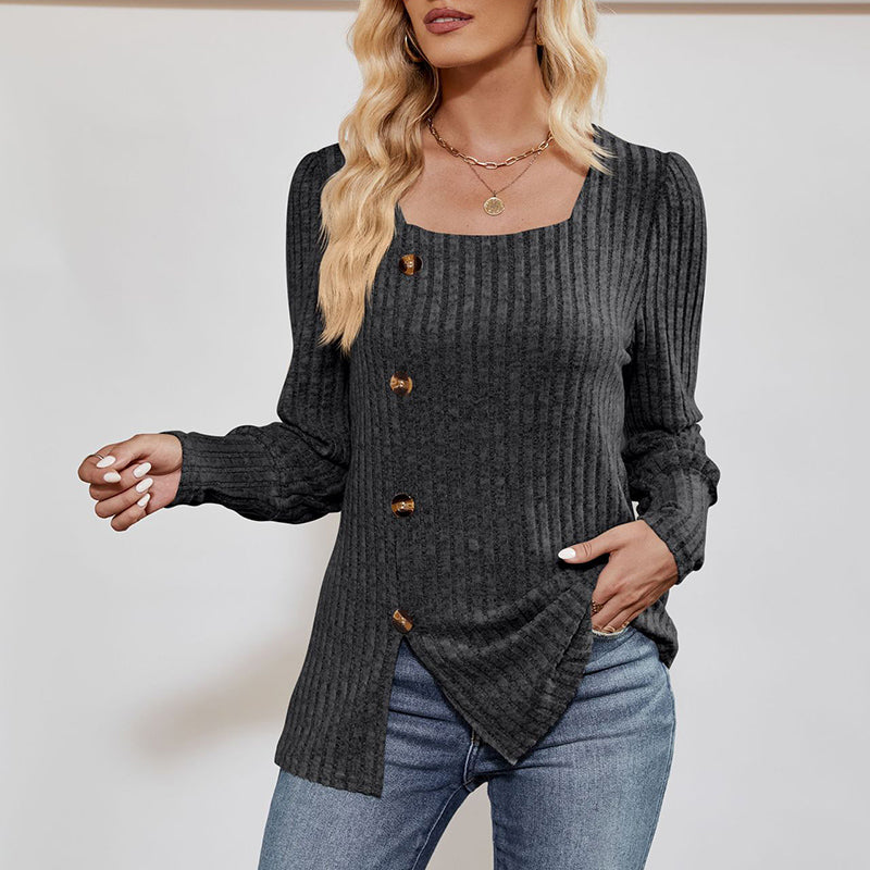 Women's Square Neck Tunic Top - Loose Fit Side Slit Long Sleeve Blouse With Button Decor