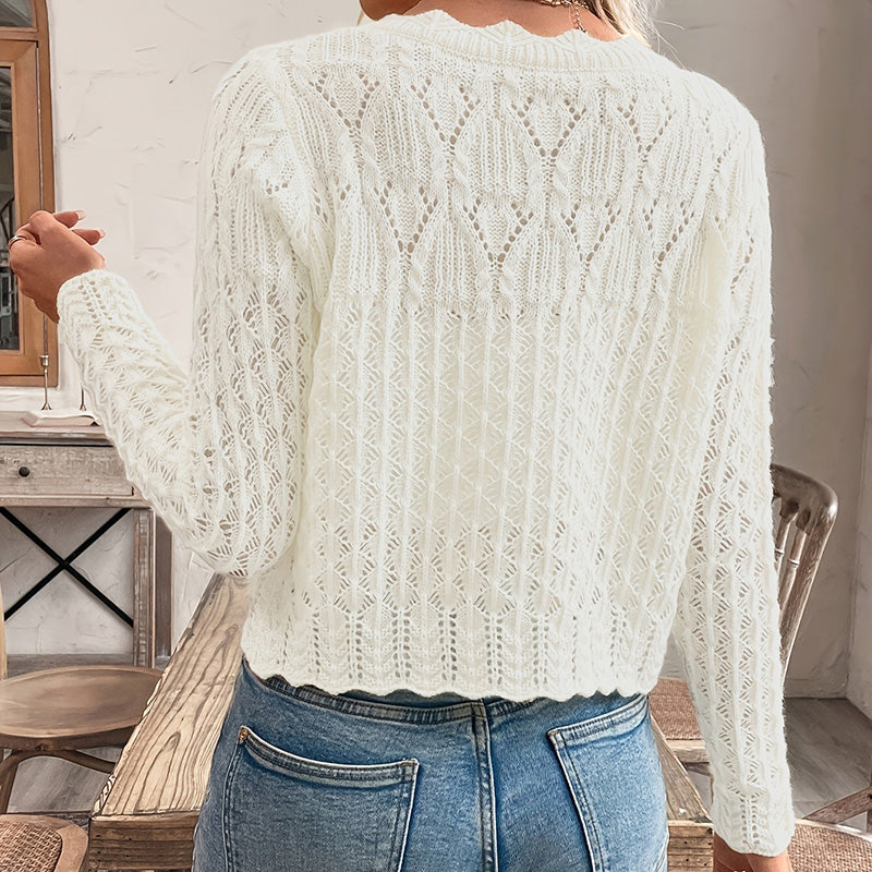 Women's Solid Color Elegant Round Neck Cardigan Top - Button Front Openwork Knit Top For Spring&Summer