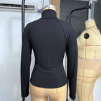 Women's Solid Color Ribbed Turtleneck Top, Half-Zip Long Sleeve Knit Shirt For Autumn