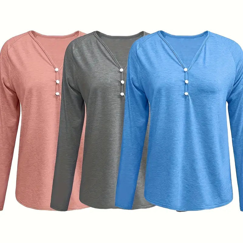 3-Pack Notch V Neck Long Sleeve Shirts Women Loose Fit Tshirts Tee Casual Tops