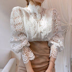 Elegant Women's Vintage Pearl Button Lace Blouse - Puff Sleeve Semi-Sheer Ruffled Stand Collar Shirt Spring&Summer Office & Vacation Top
