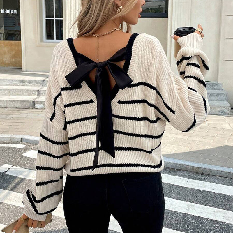 Women's Elegant Striped V-Neck Sweater, Back Tie Bow Detail Loose Fit Pullover For Spring And Fall