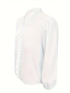 Pure Color Ruffle Hemline Shirt, Casual V-neck Long Sleeve Shirt.