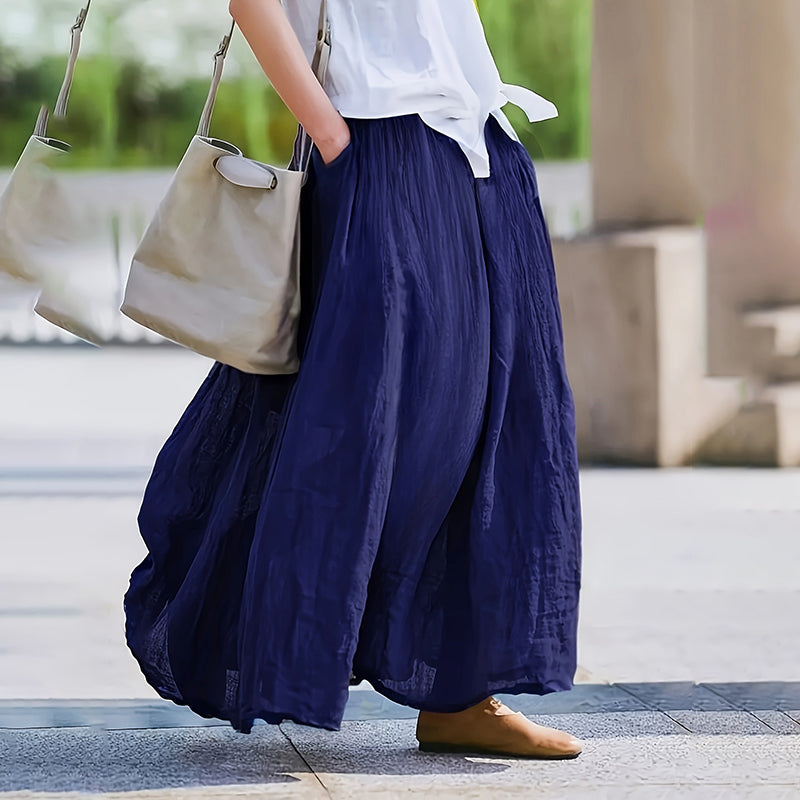 Women Bohemian Beach A-Line Dress Elastic Waist Flowy Long Maxi Skirt With Pockets