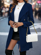 Ladies' Mid-length Solid Color Belt Coat, Casual Commuting Elegant Versatile Autumn And Winter Outerwear, Stand Collar Single-button Long Sleeve Coat.