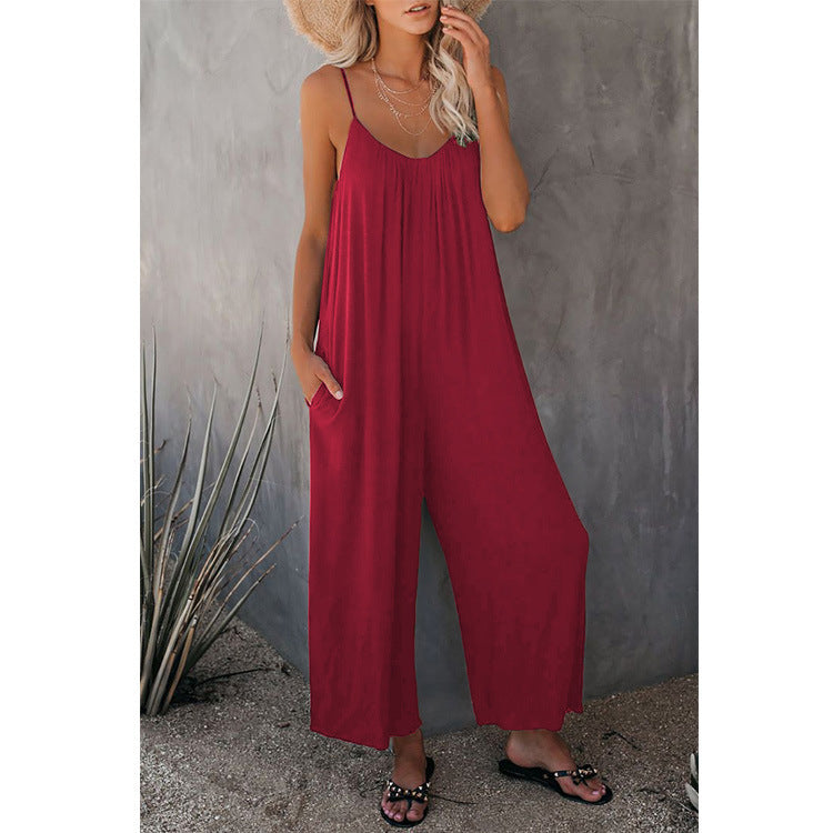 Women's Fashion Solid Color Pocket Loose Casual Sling Jumpsuit