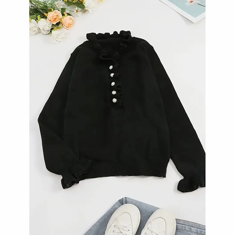 Women's Long Sleeve Ruffle Sweaters V Neck Lightweight Knitted Pullover Sweater Tops