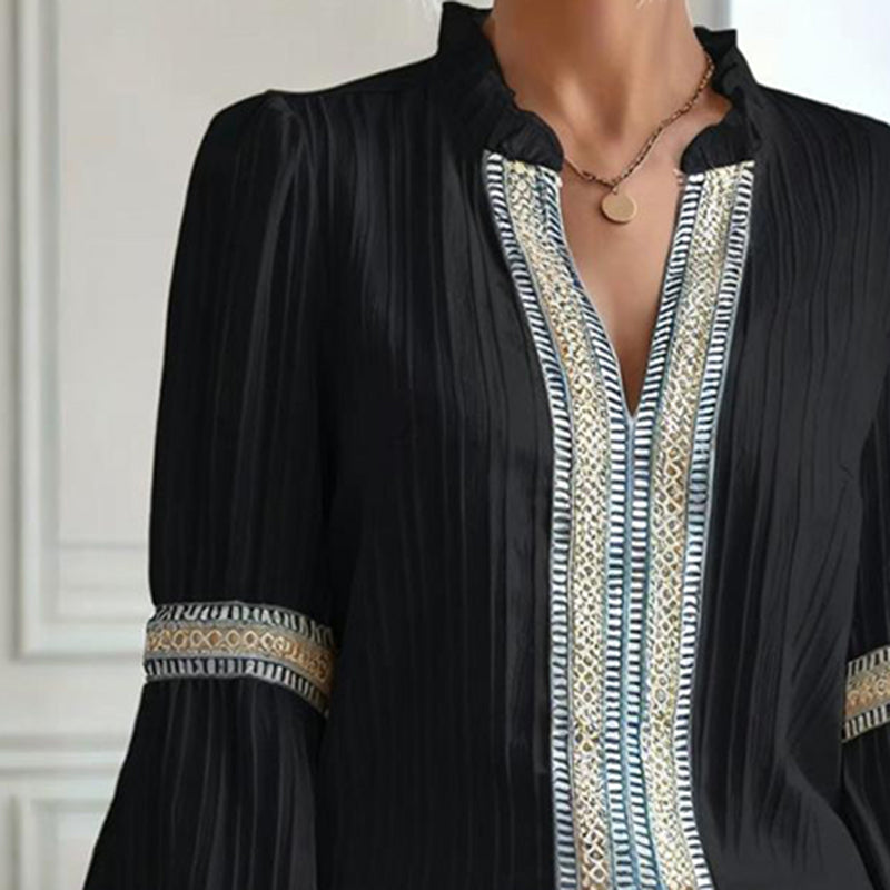 Boho Chic Colorblock Top, Women's Patchwork Blouse With V Neck And Lantern Sleeves