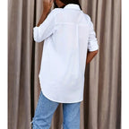 Women's Casual Long Sleeve Button-Down Shirt With Roll-Up Sleeves, Stylish Mid-Length Blouse For Everyday Wear