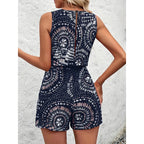 Women's Summer Casual Shorts Jumpsuit Allover Print Sleeveless Tank Top Rompers With Waist Tie