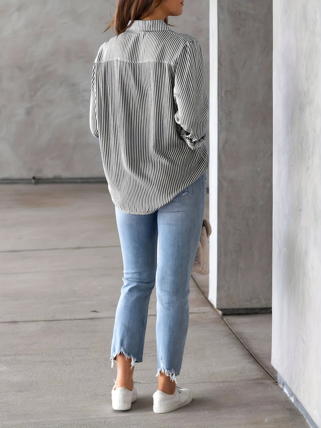 Ladies' Shirt, Classic Striped Print Casual Collar Long Sleeve With Pockets Shirt