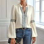 Boho Chic Colorblock Top, Women's Patchwork Blouse With V Neck And Lantern Sleeves