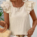 Textured Bow Knot Frilled Butterfly Sleeve Blouse