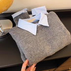 Women's Elegant Fake Two-Piece Sweater, Collared Long Sleeve Pullover With Button Detail For Versatile Layering