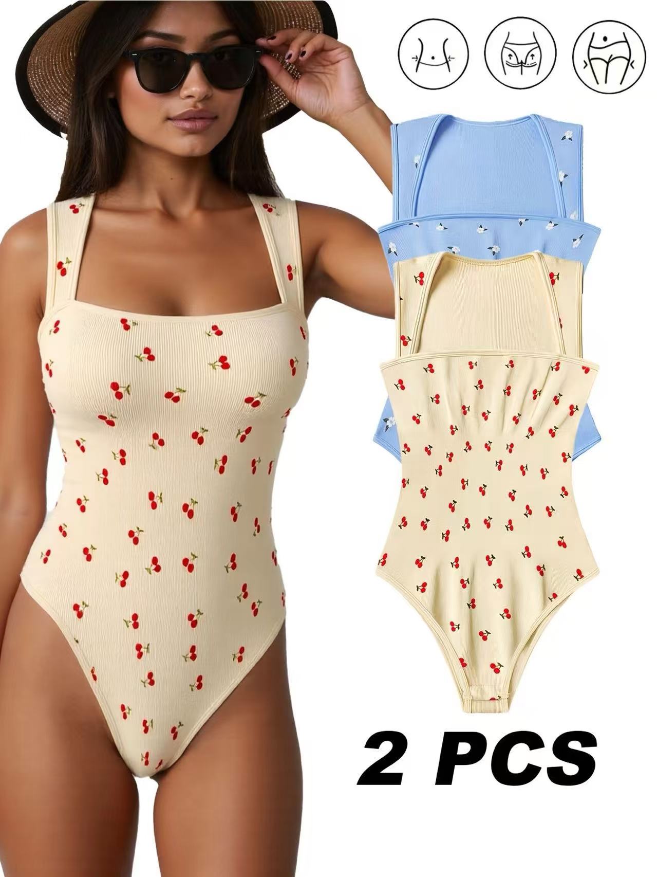 2 Packs NEW Women's Summer Outfit Baby Blue Cherry Print Jumpsuit For Women Vintage Chic, Lightweight Perfect For Commute, Comfortable Stylish, Flattering Silhouette