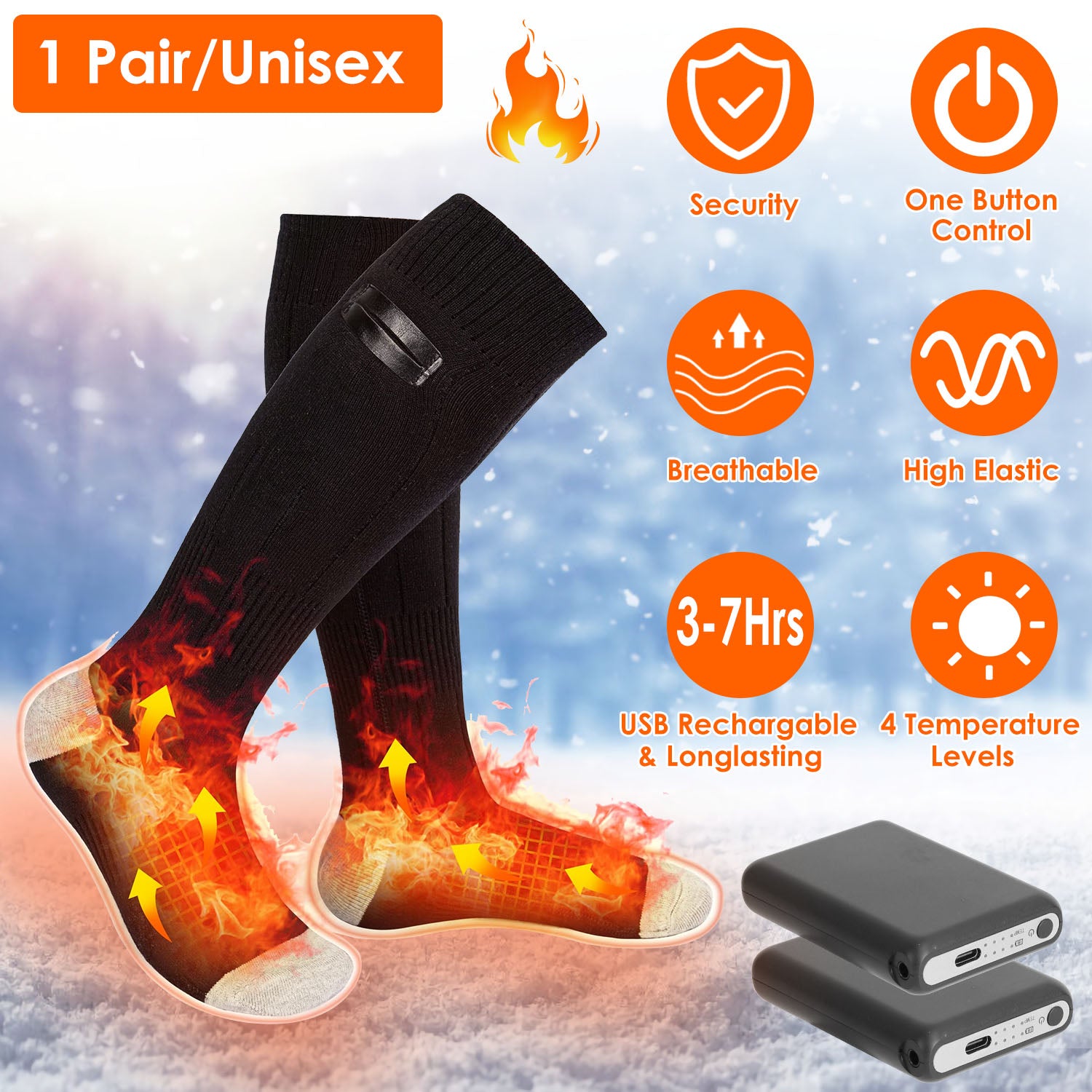 1Pair  Electric Heated Socks For Men Women Battery Powered Heated Socks Rechargeable Feet Warmer With 4 Temperature Levels Indoor Outdoor Machine Washable