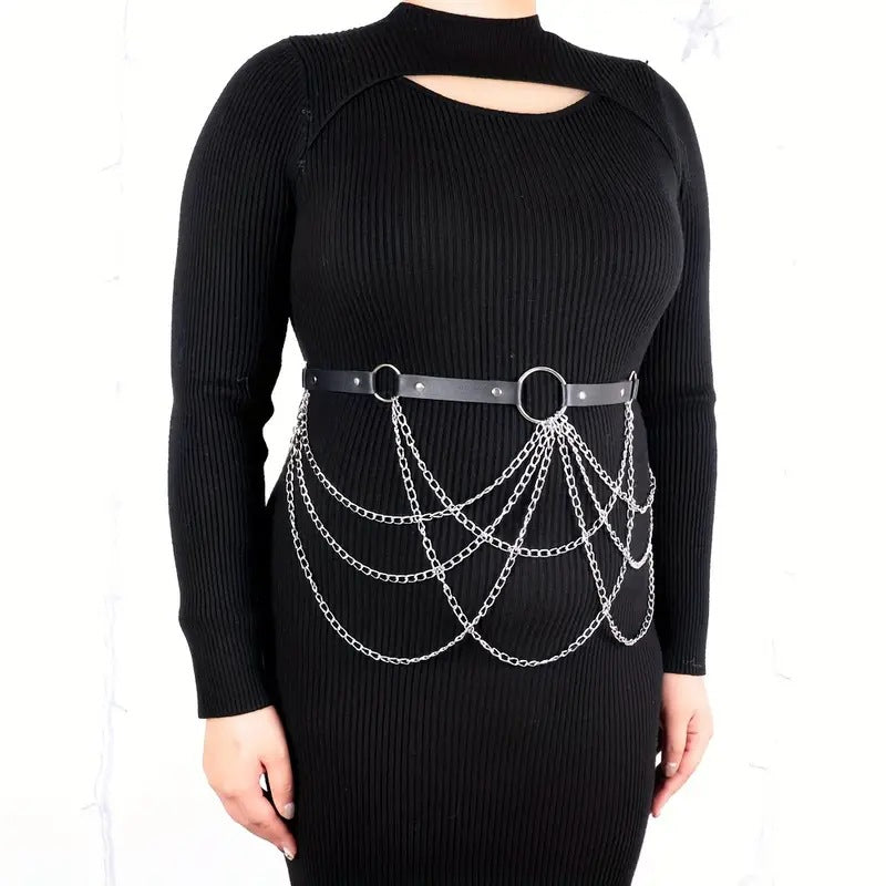 Black Leather Strap Fashion All-match Chain Tassels Waist Chain