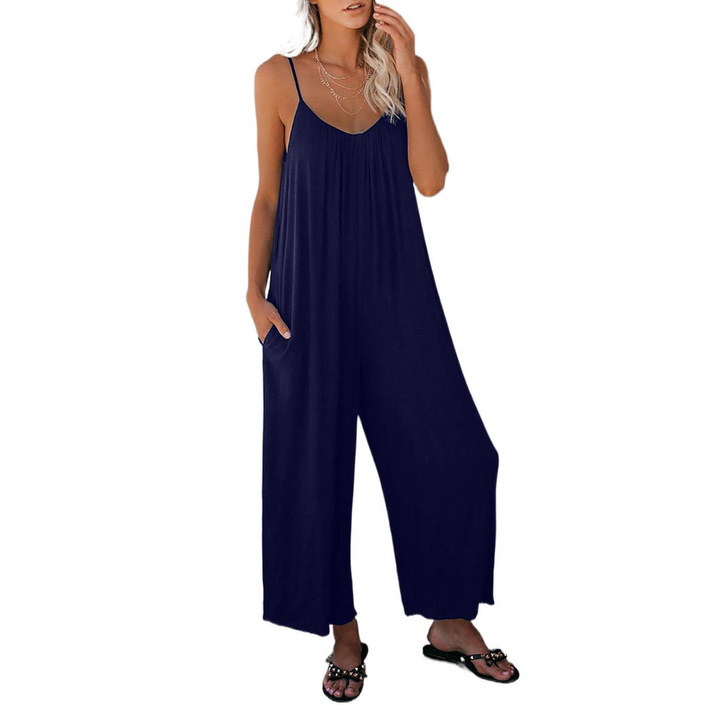 Women's Fashion Solid Color Pocket Loose Casual Sling Jumpsuit