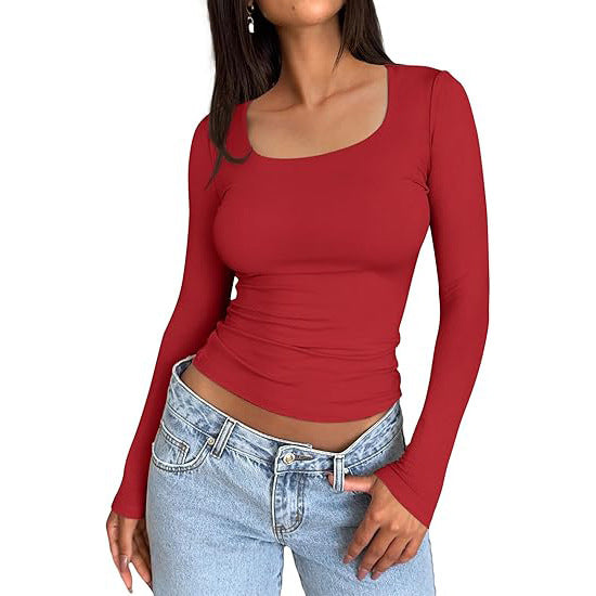 Solid Color Double Layer Square Collar Slimming Sexy Long Sleeve Women's T-shirt