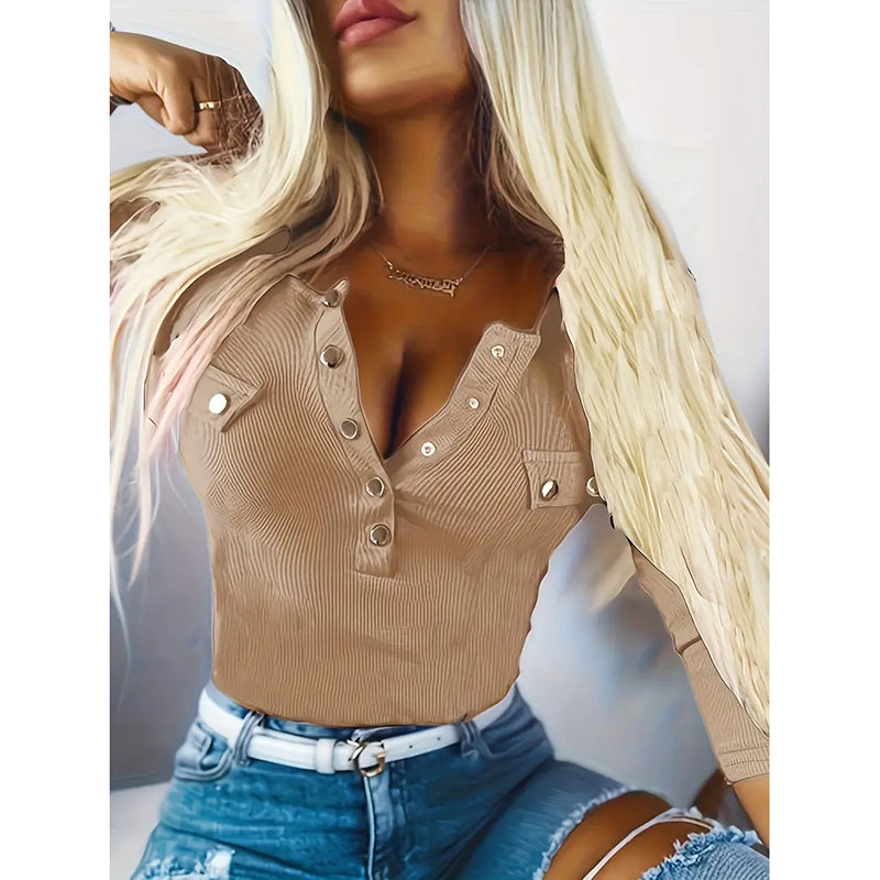 Womens Long Sleeves Ribbed Knit Tunic Shirts Scoop Neck Button-Up Tops Slim Fit Blouses