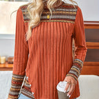 Women's Elegant Geometric Pattern Pullover - Lightweight Long Sleeve Button Blouse For Casual Outfits