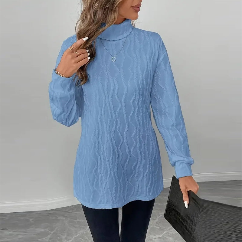 Women's Elegant Turtleneck Sweater, Solid Color Long Sleeve Knit Top With Slit Hem For Spring Fall Wear