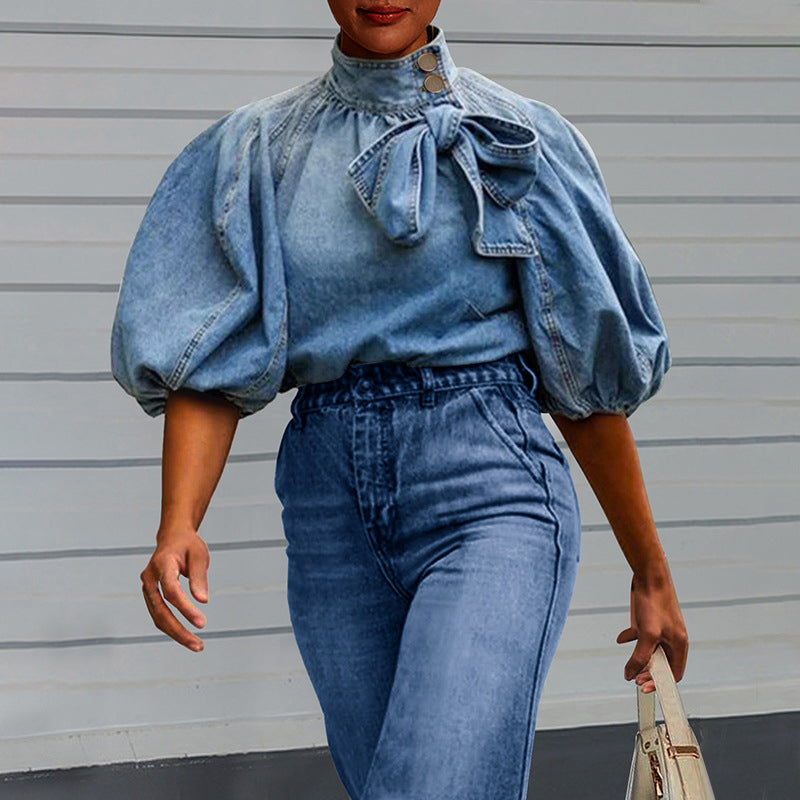 Women's Denim Puff Sleeve Top Solid Color Stand Collar Blouse With Bow Detail For Spring And Fall