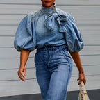 Women's Denim Puff Sleeve Top Solid Color Stand Collar Blouse With Bow Detail For Spring And Fall