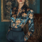Women's Elegant Satin Lapel Long Sleeve Full Button Shirt Spring Autumn Fashion Tapered Waist Design With Sheen