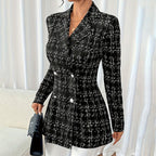 Elegant Women's Plaid Double-Breasted Blazer, Notch Lapel Long Sleeve Tweed Jacket For Office And Casual Wear