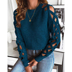 Women's Casual Long Sleeve Hollow Out Sweater, Trendy Chic Crewneck Openwork Knit Pullover Top For Fall