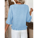 Womens 3 4 Length Sleeve Tops Loose Fit Casual Crew Neck Shirts Ruffle Tunic Blouses