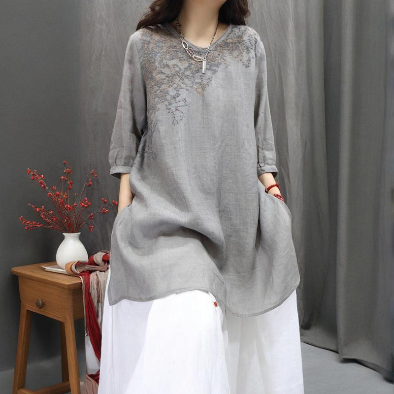 Women's Solid Color Round Neck Embroidered Long Sleeve T-Shirt - Vintage Floral Design Spring Summer Casual Comfort