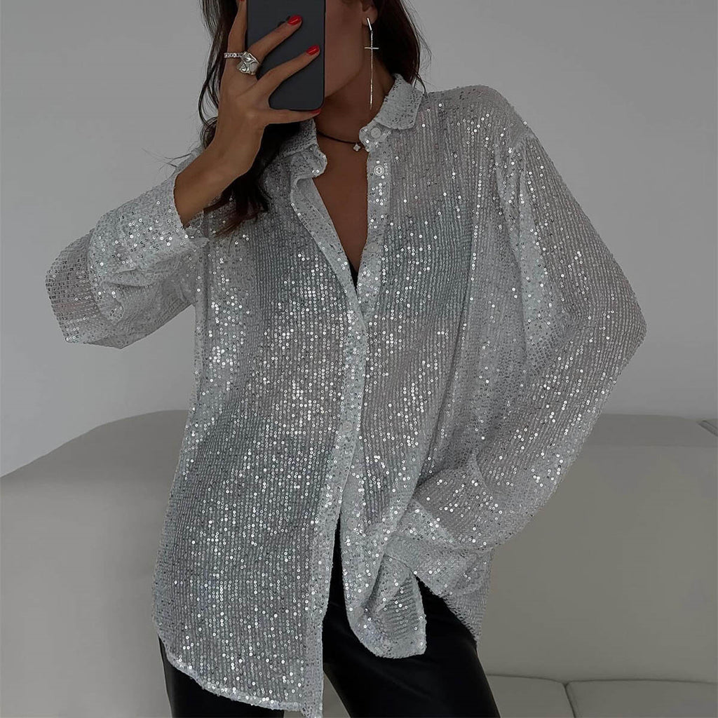 Sequin Lapel Long Sleeve Shirt