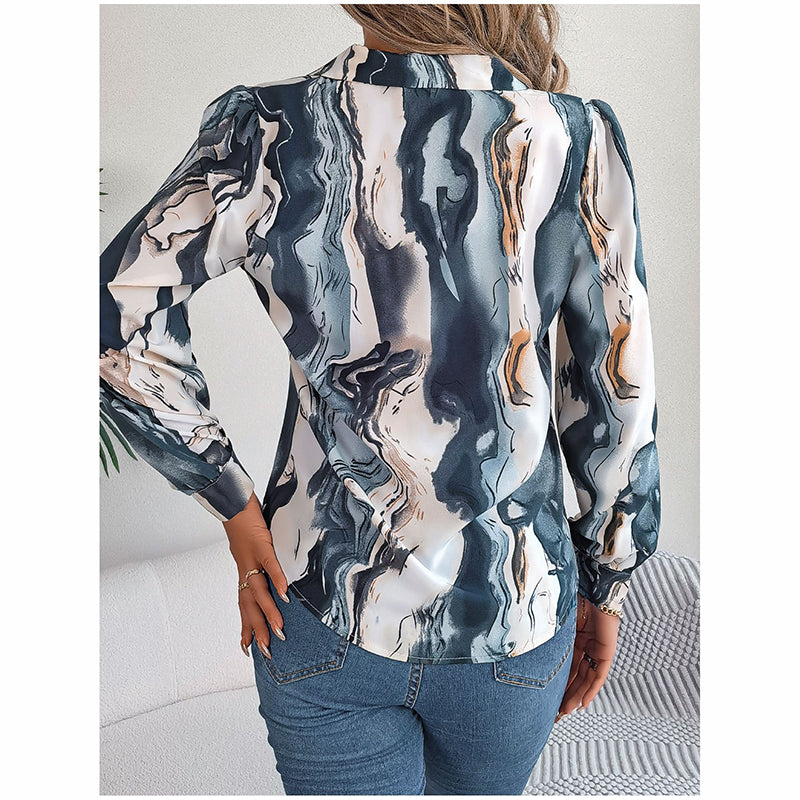 Women Fashion Button Down Shirts V Neck Printed Long Sleeve Blouses Dressy Casual Fall Tops