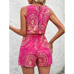 Women's Summer Casual Shorts Jumpsuit Allover Print Sleeveless Tank Top Rompers With Waist Tie