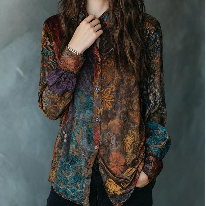 Women's Retro Boho Floral Shirt - Button Down Long Sleeve Blouse, Vintage Style Top