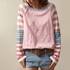 Women's Striped Long Sleeve Top Round Neck Pullover With Unique Patchwork Design For Spring&Fall