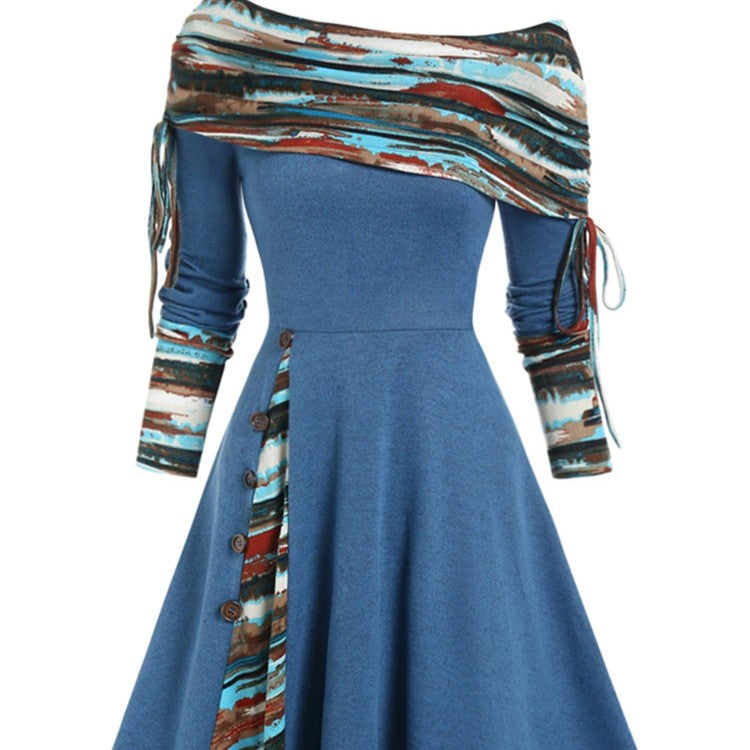 Autumn And Winter New Fashion Women's Waist Large Swing One Shoulder Long-sleeved Dress Female