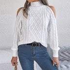Women's Solid Color Off-Shoulder Cable Knit Sweater, High Neck Long Sleeve Pullover For Spring And Fall