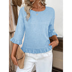 Womens 3 4 Length Sleeve Tops Loose Fit Casual Crew Neck Shirts Ruffle Tunic Blouses