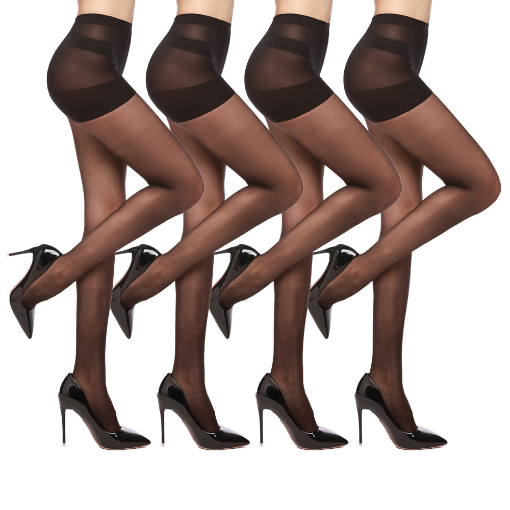 4 Pairs Women's Sheer Tights 20 Denier Control Top Pantyhose With Reinforced Toes