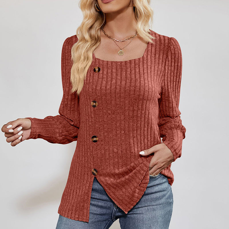 Women's Square Neck Tunic Top - Loose Fit Side Slit Long Sleeve Blouse With Button Decor