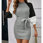 Women's Color Block Sweater Midi Dress - Fall Long Sleeve Bodycon Dress With Tie Waist