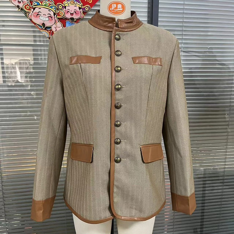 Women's Retro Elegant Jacket, Color-Block Button Front Coat With Stand Collar For Casual And Formal Wear